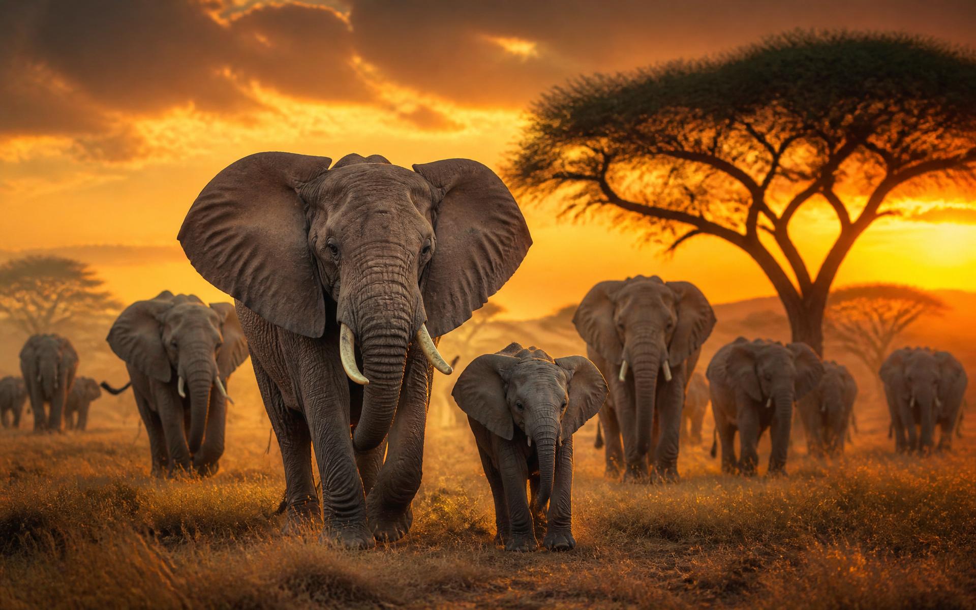 Elephants at sunrise on the Serengeti plains